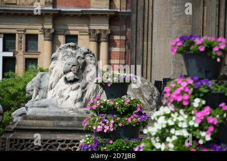 Statue d'un lion à l'entrée de l'hôtel de ville de Leeds dans le centre de la ville de Leeds, West Yorkshire, Angleterre. Banque D'Images