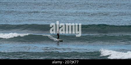 Saint-Jean-de-Luz, P-A / France - 22 octobre 2020 : un surfeur à cheval sur des vagues dans l'océan Atlantique à bord d'une longboard Banque D'Images