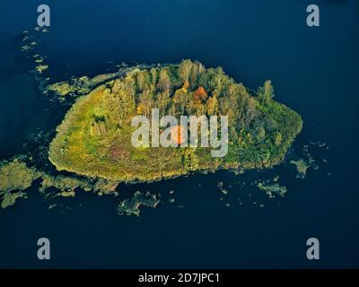 Vue aérienne des arbres d'automne sur une petite île verte à Bethany Pond pendant la journée ensoleillée Banque D'Images