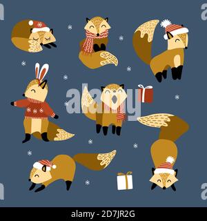 Collection hiver mignonne de renards. Animaux des bois dans des vêtements chauds célébrant Noël. Illustration vectorielle. Illustration de Vecteur