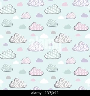 Joli fond sans couture à motif de répétition avec nuages dessinés à la main, nuages pastel. Doux rêves éléments de nuages texturés. Illustration de Vecteur