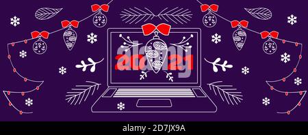 Ordinateur portable, ordinateur portable avec Joyeux Noël et carte e-mail de bonne année 2021, couverture de page Web. Illustration de Noël vectoriel. Illustration de Vecteur