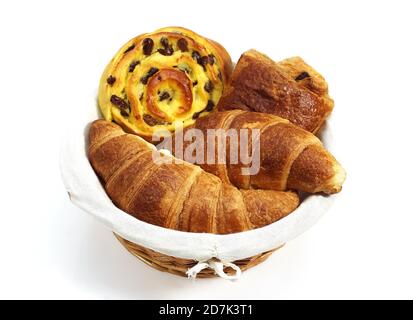 PAINS SUCRÉS FRANÇAIS : CROISSANTS, PAIN AU CHOCOLAT, PAIN AU RAISIN Banque D'Images