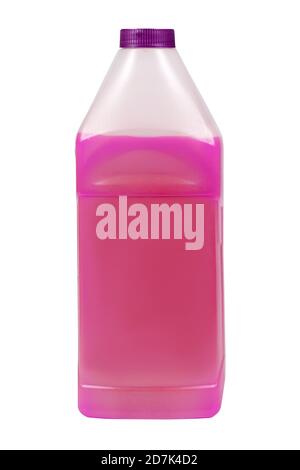 Antigel violet dans un bidon de 1 litre. Liquide de nettoyage non gelé. Il existe des emplacements pour une étiquette. Vue frontale. Banque D'Images