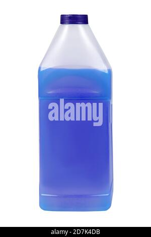 Antigel bleu dans un bidon de 1 litre. Liquide de nettoyage non gelé. Il existe des emplacements pour une étiquette. Vue frontale. Banque D'Images