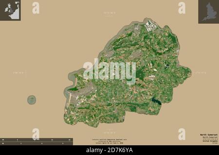 North Somerset, autorité unitaire du Royaume-Uni. Imagerie satellite Sentinel-2. Forme isolée sur un arrière-plan solide avec des superpositions informatives. Conta Banque D'Images