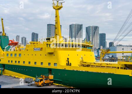 De nombreux bâtiments résidentiels de grande hauteur se trouvent dans le quartier de Toyosu Tokyo, au Japon. Banque D'Images