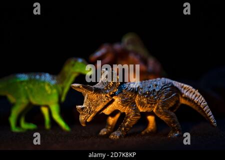 Détail des figurines de dinosaure sur fond noir Banque D'Images