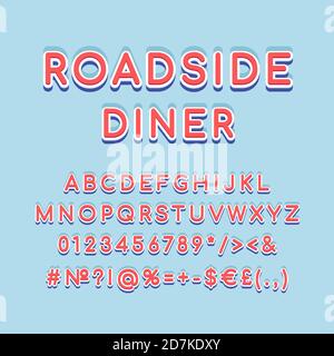 Ensemble d'alphabet vectoriel 3d vintage de l'affiche supérieure du restaurant de bord de route Illustration de Vecteur