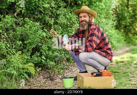 ferme biologique. Travaillez dans un jardin. Jardinier d'homme mature. Truelle creusant le sol. Outils de jardin. Semences et sol. Printemps dans le jardin. Agriculteur donnant de l'engrais. Le jardinier creuse dans le jardin. Banque D'Images