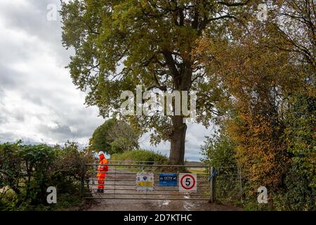 Grim's Ditch, Aylesbury Vale, Royaume-Uni. 23 octobre 2020. Le composé HS2 près de la Sorcière de Grim où HS2 s'est abattu aujourd'hui. Les militants écologistes anti HS2 affirment que HS2 n'a pas le permis d'abattage correct chez Grim's Ditch et qu'il était donc possible qu'il commet un crime contre la faune. Des recherches archéologiques antérieures sur la Sorcière de Grim, un refuge pour la faune sauvage, remontent à l'âge de fer. Le très controversé train à grande vitesse HS2 de Londres à Birmingham relie 108 anciennes terres boisées, 33 SSSI et 693 zones fauniques en péril. Crédit : Maureen McLean/Alay Live News Banque D'Images