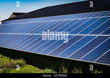 Panneaux solaires fournissant de l'énergie pour l'exploitation de grandes exploitations porcines. Banque D'Images