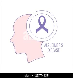 La maladie d'Alzheimer, illustration conceptuelle. Affiche de la maladie d'Alzheimer représentant une silhouette de femme et un ruban de sensibilisation violet sur fond blanc. Banque D'Images