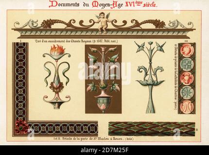Éléments de conception d'architecture et de manuscrits du XVIe siècle. Prise d'un cadre dans les chants royaux sur la conception cours au Puy de Rouen par Etienne Colaud, 1,2 détails de la porte de l'église Saint-Maclou à Rouen. Chromolithographie conçue et lithographiée par Ernst Guillot d'Elements d'ornement du XVIe siècle, éléments d'ornement du XVIe siècle, Renouard, Paris, 1890. Banque D'Images