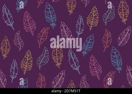 Motif boho sans coutures avec contour en plumes. Dessin animé arrière-plan sombre. Motif tatouage dessiné à la main. Style bohème ethnique, hipster, symboles indiens. Illustration vectorielle Illustration de Vecteur