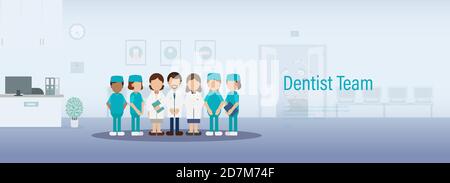 Bannière de l'équipe de dentiste avec groupe de personnel médical en clinique illustration vectorielle plate Illustration de Vecteur