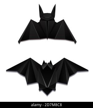 Ensemble de battes en papier noir à l'origami. Objet 3D séparément de l'arrière-plan. Zoo artisanal. Fête d'Halloween. Élément vectoriel pour cartes, invitations, cartes Illustration de Vecteur