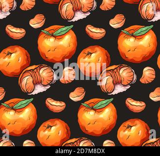 Texture sans couture avec des mandarines orange de dessin animé avec des tranches sur fond sombre. Motif vectoriel pour les tissus, les arrière-plans et votre conception. Illustration de Vecteur