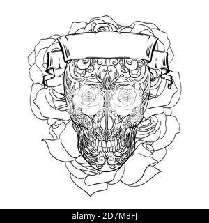 Décrivez l'illustration festive du crâne de sucre avec des motifs de caniche, des roses et un ruban. Le jour des morts. Los Muertos. L'objet est séparé du bac Illustration de Vecteur