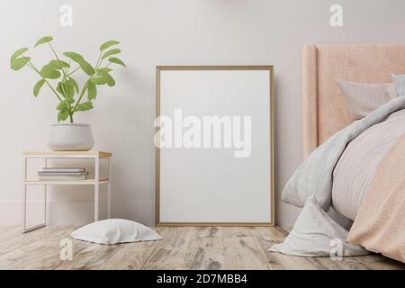 Maquette d'affiche intérieure avec cadre vertical sur le plancher dans l'intérieur de la chambre à coucher. Rendu 3D. Banque D'Images