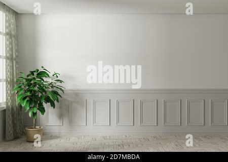 Pièce vide blanche maquette avec fenêtre blanche, rideau brun et parquet. illustration 3d. Banque D'Images