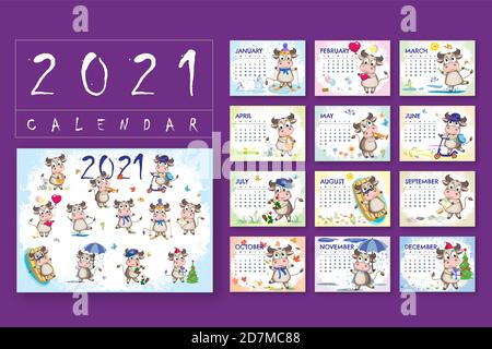 Calendrier des enfants pour 2021 - année de taureau. Les taureaux amusants et mignons s'amusent et se détendent. Modèle de vecteur de dessin animé pour calendrier ou planificateur. Illustration de Vecteur