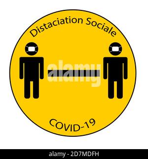 Concept de distanciation sociale : deux personnes vecteur d'icône noir et blanc avec séparation de ligne des personnes pour la santé publique et la sécurité du coronavirus (COVID-19) Illustration de Vecteur