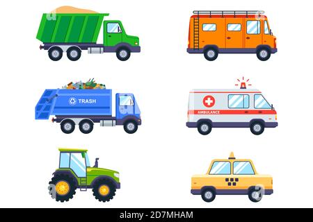 jeu avec les transports en commun. taxi, camion à ordures, ambulance, tracteur et camionnette sur fond blanc. illustration vectorielle plate. Illustration de Vecteur