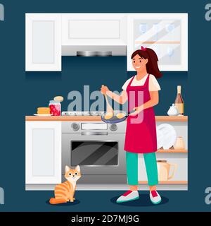 Bonne femme qui prépare des crêpes dans la cuisine. Une jeune fille avec un chat rouge prépare un délicieux petit déjeuner. Illustration des caractères vectoriels. Recettes de repas à la maison, lif loisirs Illustration de Vecteur