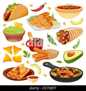 Plats mexicains traditionnels de vacances. Illustration de dessin animé à plan vectoriel. Ensemble de repas de cuisine mexicaine isolée. Menu du restaurant ou du café en Amérique du Sud Illustration de Vecteur