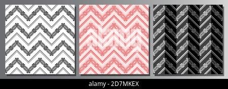 Ensemble vectoriel de motifs sans couture, 3 fonds carrés répétitifs de diverses couleurs, noir et blanc motif zigzag orné sans couture, rouge pâle résumé o Illustration de Vecteur
