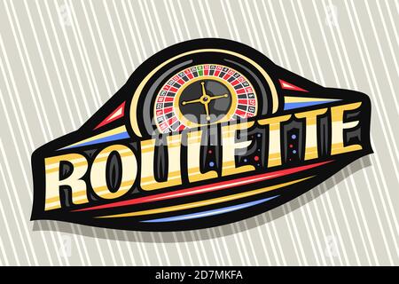 Logo vectoriel pour la Roulette, badge moderne foncé avec illustration de la roulette vue de dessus, lettrage unique pour la roulette de mot orange, signe de jeu boa Illustration de Vecteur