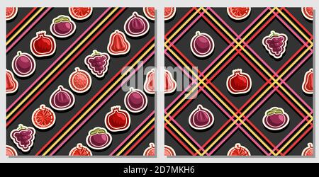 Motifs sans couture de fruits vectoriels, 2 fonds de fruits carrés répétitifs, ensemble d'illustrations isolées de fruits d'été sur fond sombre, compatible se Illustration de Vecteur