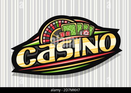 Logo vectoriel pour Casino, badge moderne foncé avec illustration de la roulette vue de dessus et de cartes à jouer vert dos, lettrage unique pour le casino de mot, gambl Illustration de Vecteur