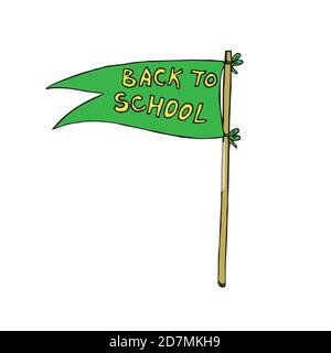 Drapeau vert avec inscription jaune de retour à l'école, Doodle dessiné à la main, croquis, illustration de couleur Banque D'Images