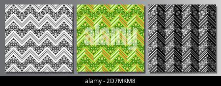 Ensemble vectoriel de motifs sans couture, 3 fonds carrés répétés de couleurs sombres, motif noir et blanc sans couture en zigzag, vert vif o Illustration de Vecteur