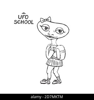 Fille humanoïde extraterrestre allant à l'école avec sac sur les épaules, Doodle dessiné à la main, esquisse illustration du contour Banque D'Images
