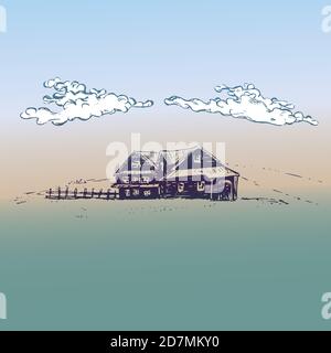 Petite maison de campagne et ciel nuageux, Doodle dessiné à la main, croquis, illustration de contour sur fond doux Banque D'Images