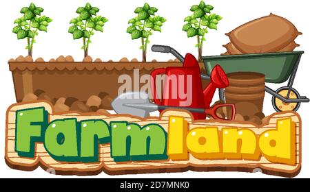 Logo ou bannière de terres agricoles avec outils de jardinage isolés sur blanc illustration d'arrière-plan Illustration de Vecteur