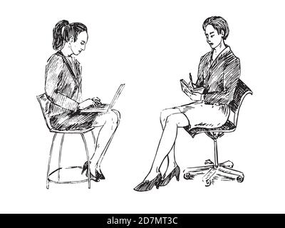 Femmes d'affaires assises l'une en face de l'autre sur des chaises, une travaillant avec un ordinateur portable et une autre écrivant dans le bloc-notes, dessin de Doodle dessiné à la main Banque D'Images