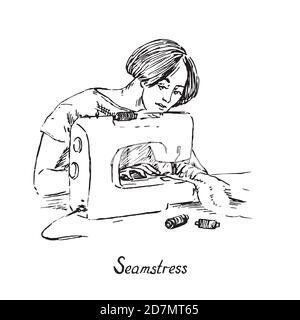 Couturière au travail avec la machine à coudre, dessin d'une caniche dessinée à la main, illustration en noir et blanc Banque D'Images