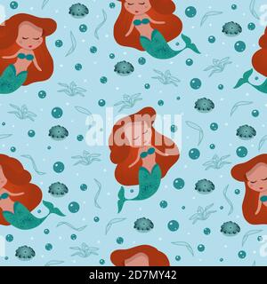 Mermaid Girls motif sans couture en rose pour les imprimés puérils ou de pépinière. Sirène dessinée à la main avec cheveux rouges et queue verte avec fond bleu pour Illustration de Vecteur