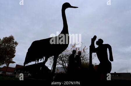 Pforzen, Allemagne. 24 octobre 2020. Les silhouettes des environ un mètre de hauteur Danuvius Guggenmosi (r), également connu sous le nom d'« Udo », et une grue géante préhistorique d'environ un mètre soixante-quinze de hauteur se démarquent du ciel dans une exposition. Des restes d'os de la grue et du singe ont été trouvés dans une fosse d'argile voisine. Deux expositions seront présentées à l'occasion du premier anniversaire de la publication de la découverte des fragments osseux du grand singe vieux d'environ 11.6 millions d'années. Credit: Karl-Josef Hildenbrand/dpa/Alay Live News Banque D'Images