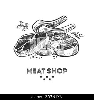 Illustration vectorielle de produits à base de viande, de bifteck frais et de côtes dessinées à la main. Steak de porc, beefsteak pour barbecue, sirloin et bacon Illustration de Vecteur