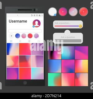Interface de média social vectoriel. Modèles de boutons d'arrière-plans, de curseurs, de zones de questions et d'histoires pour application - inspirés par Instagram. Illustration du sourire et du sondage sur les réseaux sociaux pour smartphone Illustration de Vecteur