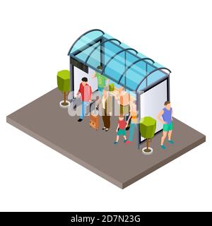 Les gens attendent le bus à l'arrêt de bus illustration du vecteur isométrique. Arrêt de bus isométrique avec banc Illustration de Vecteur