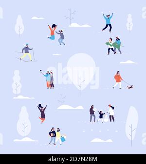 Les gens dans le parc d'hiver. Couples et enfants à l'extérieur. Les activités de Noël dans le concept vectoriel de parc neigeux urbain. Parc hivernal neige, les gens marchent et jouent dans la neige illustration Illustration de Vecteur