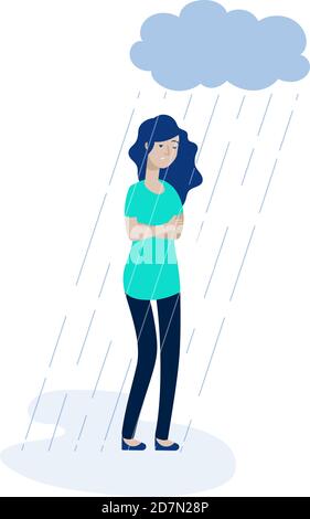 Femme nuage de pluie. Dépression fille sentiment solitude dépression malheureux adolescence solitude tristesse peine stress apathie vecteur concept. Illustration du personnage de l'adolescence malheureux et de la tristesse déprimée Illustration de Vecteur