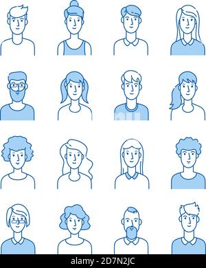 Contours avatars. Souriant jeunes icônes utilisateur ligne plate homme femme anonyme visages homme femme mignon Guy web avatar profil vecteur ensemble. Illustration de l'avatar du contour, de l'utilisateur femme et homme Illustration de Vecteur