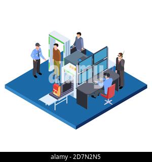 Enregistrement des bagages et des personnes, illustration vectorielle isométrique du service de sécurité. Contrôle des douanes, scanner les touristes et les bagages Illustration de Vecteur